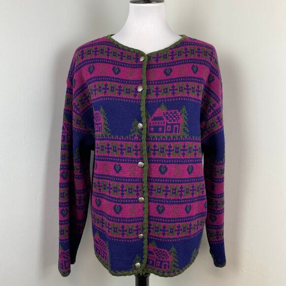 Vintage Hastings & Smith Fair Isle Outdoorsy Wool Cardigan Sweater Large - Picture 1 of 8